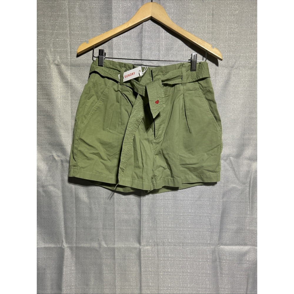 SUNDRY X ANTHROPOLOGIE Belted Stripe Shorts‎ Size 26 Military Green NWT Paperbag